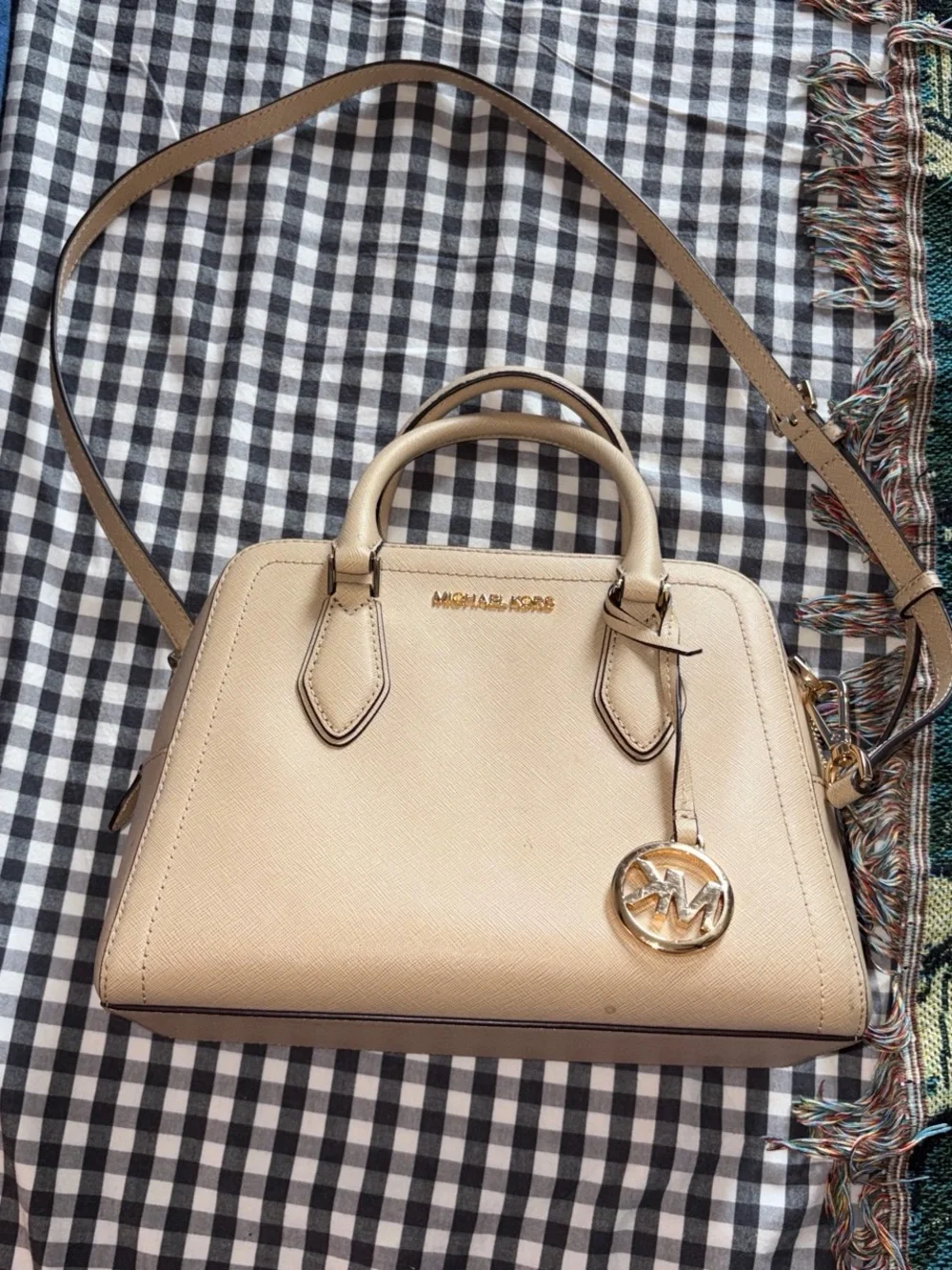 Michael Kors Light Beige Saffiano Satchel with Gold Charm
